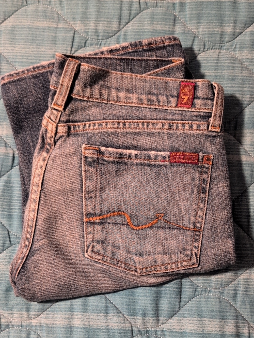 7 For All Mankind Light Blue Denim Jeans with Orange Stitching